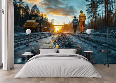 Landscape view of a highway under construction, with workers in uniform, wearing safety helmets, and papers on a table against road equipment and a blue sky with sun rays. High-resolution photography. Wall mural