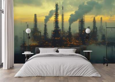 Oil refinery landscape featuring layered tanks and extensive piping under a clear sky, showcasing intricate industrial details Wall mural