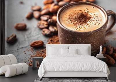 Photo of a hot cocoa cup and Cocoa beans, cocoa powder on a white background, top view with copy space concept for an advertising poster or banner design. Wide-angle lens, daylight.  Wall mural