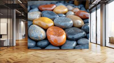 Polished Stones Arrangement, a vibrant display of polished stones symbolizing teamwork and harmony, showcasing intricate details and textures Wall mural