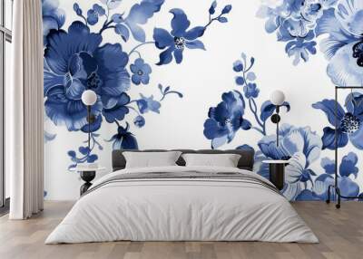 Purple flowers on a white background create a seamless floral pattern. Wall mural