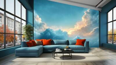 Serene Sky Hues, a soft pale blue gradient adorned with delicate cloud-like textures, evoking tranquility and calmness in the atmosphere Wall mural