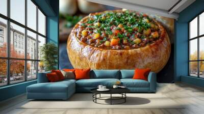 South African bunny chow served in a bread bowl, minimalistic presentation, fresh garnish, inviting and appetizing display Wall mural