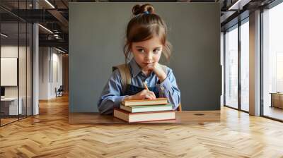 Focused Young Girl Student Studying Intently at Desk With Books Wall mural