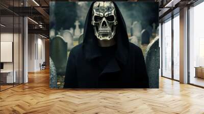 A mysterious figure wearing a skull mask, emerging from the mist in a graveyard filled with ancient tombstones.
 Wall mural