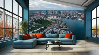 Aerial Drone View of Baltimore City Harbor with Boats Parked at Docks Wall mural