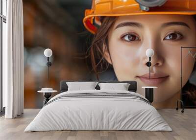 Asian working woman wearing safety helmet on white background with copy space. Female engineer, technician, supervisor,generative ai Wall mural