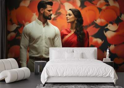 Beautiful couple standing with traditional kerala dress, man wearing red full sleeve shirt and cream color dhothi with kasav, onam traditional background Wall mural