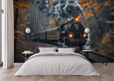 black and gold steam train on the tracks,generative ai Wall mural