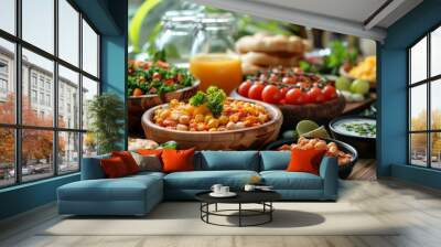 breakfast table with Indian food, healthy diet,generative ai Wall mural