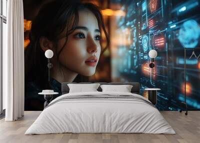 Cyberpunk Woman Gazing at Futuristic Digital Interface Wall mural