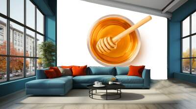 Glass bowl of honey with honey dipping on white background. Top view
 Wall mural