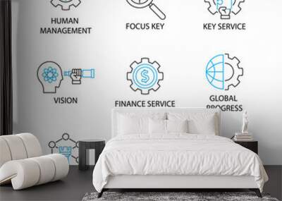 Modern Thin Line Icon and Pictogram with word Human Management, Focus Key,Key Service,vision,Finance Service,Global progress,Strategy plan,Agreement. Business and mangement Concept. Wall mural