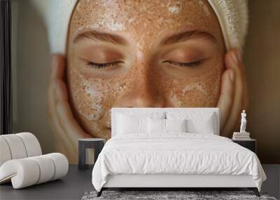 Close-up of woman exfoliating her face, spa healthy skin, gentle skin exfoliation Wall mural