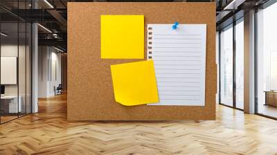 Blank sticky note paper on cork board wall. Noticeboard to organize life and work concept Wall mural