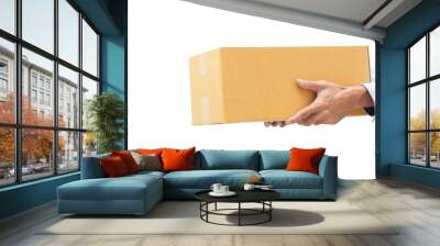 Delivery man holding brown carton box and isolated transparent background and PNG file, online shopping and delivery concept	 Wall mural