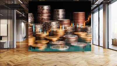 coin stacks and candlestick forex chart. Trade, money and financial growth and business concept. Double exposure Wall mural