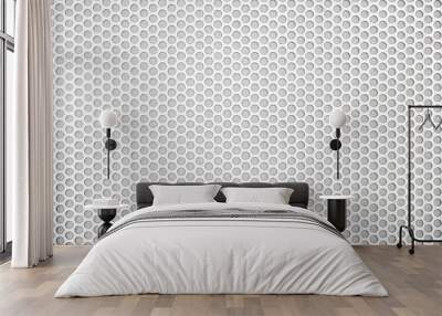 Empty white (light gray) perforated metal grid with circular holes for abstract  horizontal seamless, rounded mesh plate background, steel texture, space patterns for work, modern wallpaper,close up Wall mural