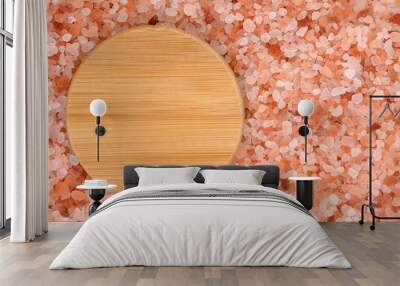 Empty wooden tray on himalayan pink salt texture background Wall mural