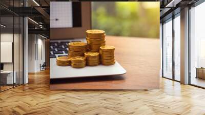 Finance and Money concept, Money coin stack sunlight Wall mural