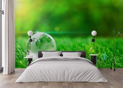 Glass earth globe crystal on green grass in the garden of safe world, save the planet concept, ecological, recycle, nature, environment friendly and World Environment Day. Wall mural