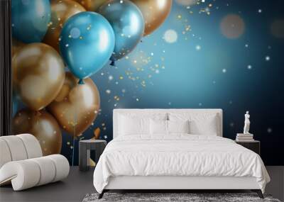 Holiday background with gold and blue balloons, rainbow confetti and ribbons. Festive card, anniversary, new year, Christmas. Wall mural