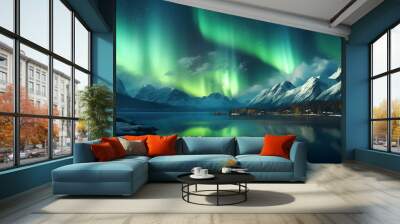 Image of mountains and rivers with the Aurora in the mountain range, which symbolizes freedom and travel. Wall mural