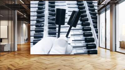 Photos of black lipstick caps, parts of cosmetic plastic products, from the industrial plastic production department. Wall mural