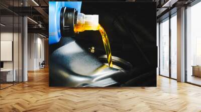 Refueling and pouring oil quality into the engine motor car Transmission and Maintenance Gear .Energy fuel concept.Engine maintenance.	
 Wall mural