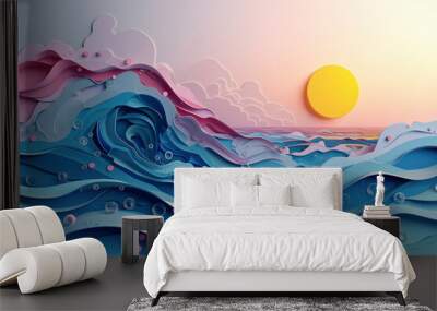 Abstract paper art, sea or sea waves and beach, summer background with seacoast. Wall mural