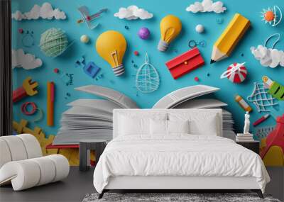 Back to school papercut vector. School supplies flying out of open book over science background layered craft art style Wall mural