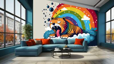 cartoon of a bored tiger yawning with a rainbow coming out of it's mouth Wall mural