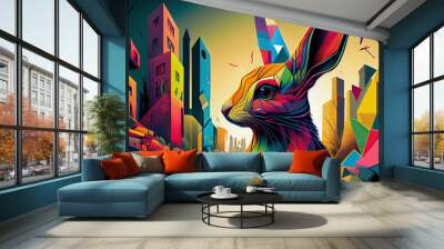 colorful rabbit is standing in front of a colorful background Wall mural