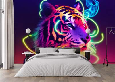 cyberpunk style cute tiger, neon colors , bright smoke in background Wall mural