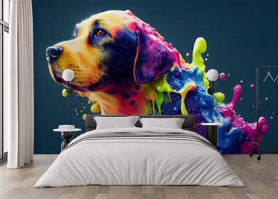 dog pour thick split colorful paint liquid,3d render, dark background Wall mural