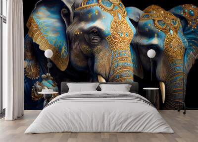 elephants, hohloma, painting, large. small details. gold,light brown, black, turquoise silver. Wall mural