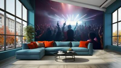 Future of crowded concert hall on stage with scene stage lights, rock show performance Wall mural