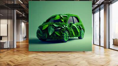 Green eco car concept made up of green leaves, 3D illustration,white background Wall mural