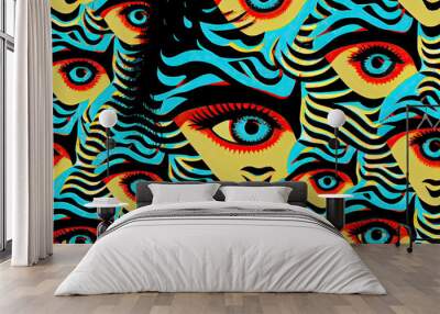 Modern psychedelic fashion seamless pattern with beautiful mystery person with third eye Wall mural