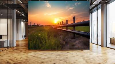 Oil Or Gas Transportation With Blue Gas Or Pipe Line Valves On Soil And Sunrise Background Wall mural