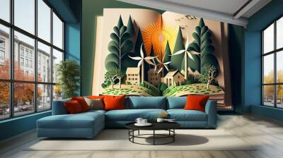 Open book of green city environment in 3d paper cut style with trees Wall mural