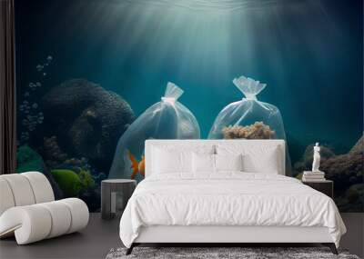 Plastic bags and bottles underwater in the ocean. Pollution problem causing damage in fish and coral reef Wall mural