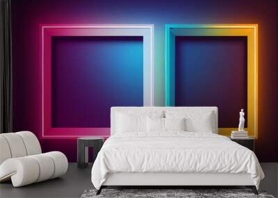 Square rectangle picture frame with two tone neon color motion graphic on isolated black background Wall mural