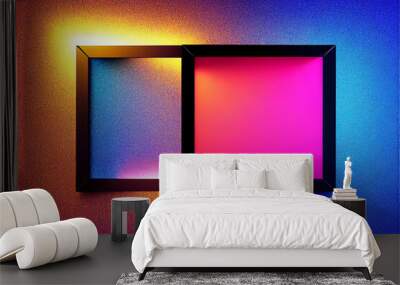 Square rectangle picture frame with two tone neon color motion graphic on isolated black background Wall mural