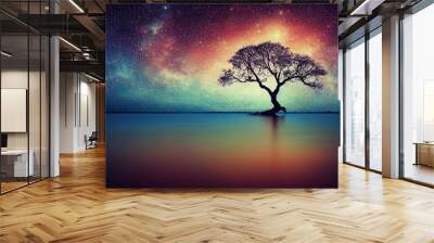 tree of life reminiscent of Yggdrasil reflected in an icy lake at night, dramatic starry sky in the background Wall mural