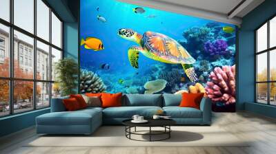 underwater coral reef with colorful fish and turtle. marine life Wall mural