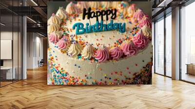 A close-up of a beautifully decorated birthday cake with vibrant sprinkles and a 