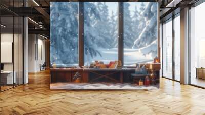 A cozy living room scene with a family gathered around a fireplace, sipping hot cocoa, and playing board games on a cold winter evening. Wall mural