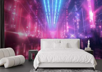 A dynamic scene of a high-tech nightclub with vibrant neon lights, contrasting colours, and laser beams, capturing a lively and energetic mood with a futuristic and inspiring aesthetic Wall mural