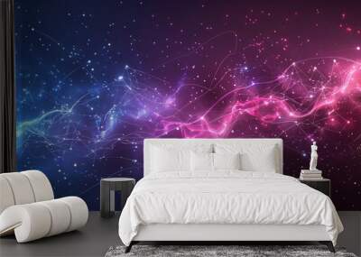 A dynamic website banner design with a modern tech theme, featuring a gradient of purple and blue, a burst of bright sparks, and a sleek line vector overlay for a futuristic touch. Wall mural